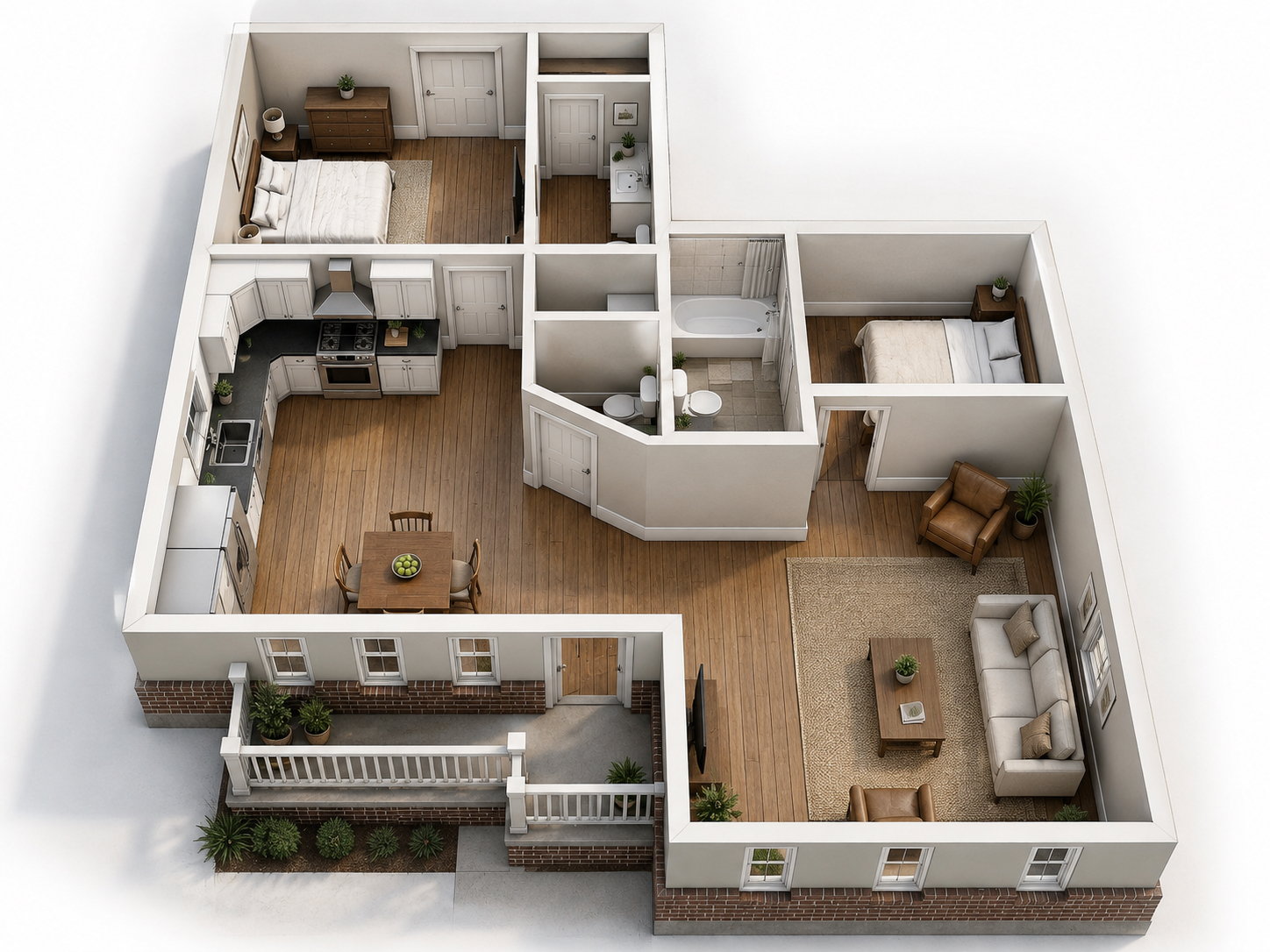Dollhouse view of The Lynx 2 bedroom 2.5 bathroom floor plan
